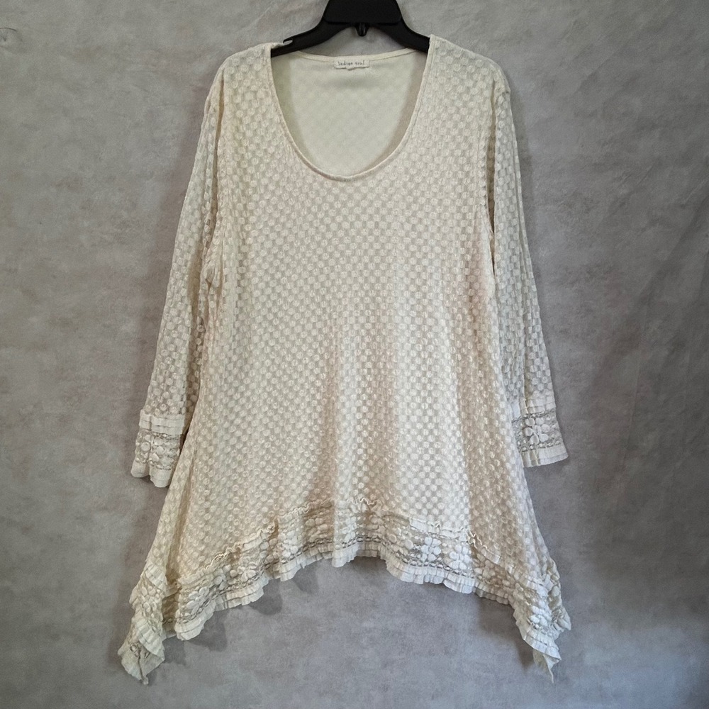 Indigo Soul Cream Lace Sharkbite Hem Tunic Top 2XL Floral Ruffle Mesh Boho